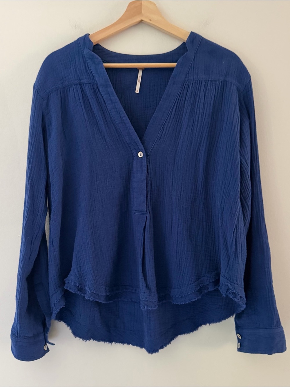 Free People Top Blouse Changing Horizons Gauzy Cotton Blue Raw Hem Size XS Boho